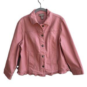 Chicos Pink Denim Jacket Ladies Size 12 (Chicos 2) Ruffle Edge